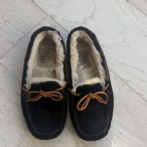UGG Black Suede Moccasin Slippers with Chestnut Trim